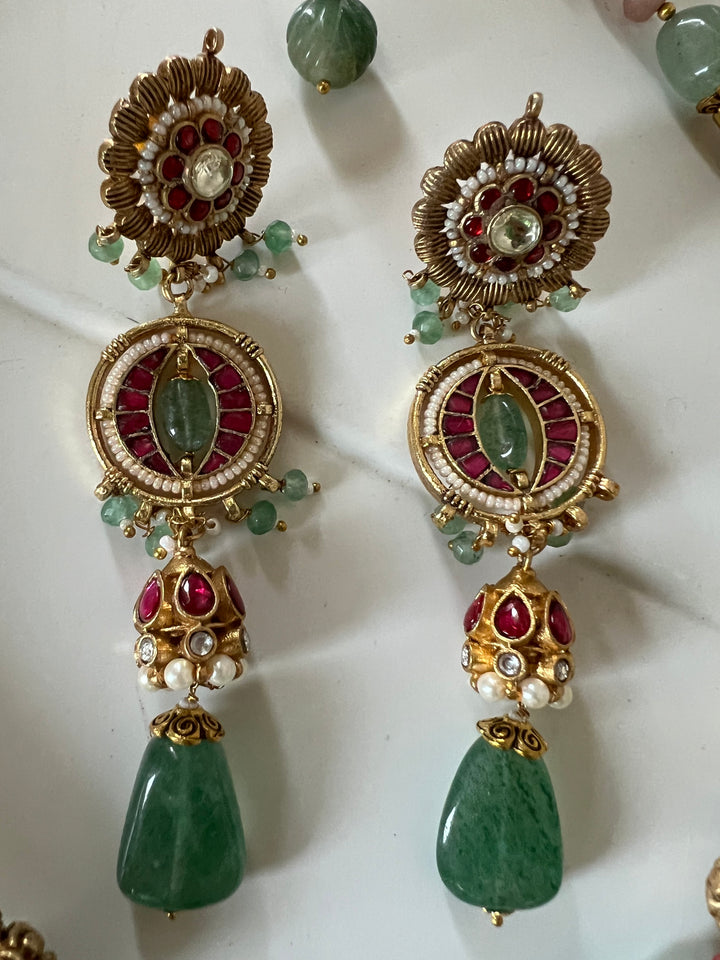 SHIVKA Jadau Antique Fusion Necklace Set | Kundan | Aventurine | Bridal Jewelry