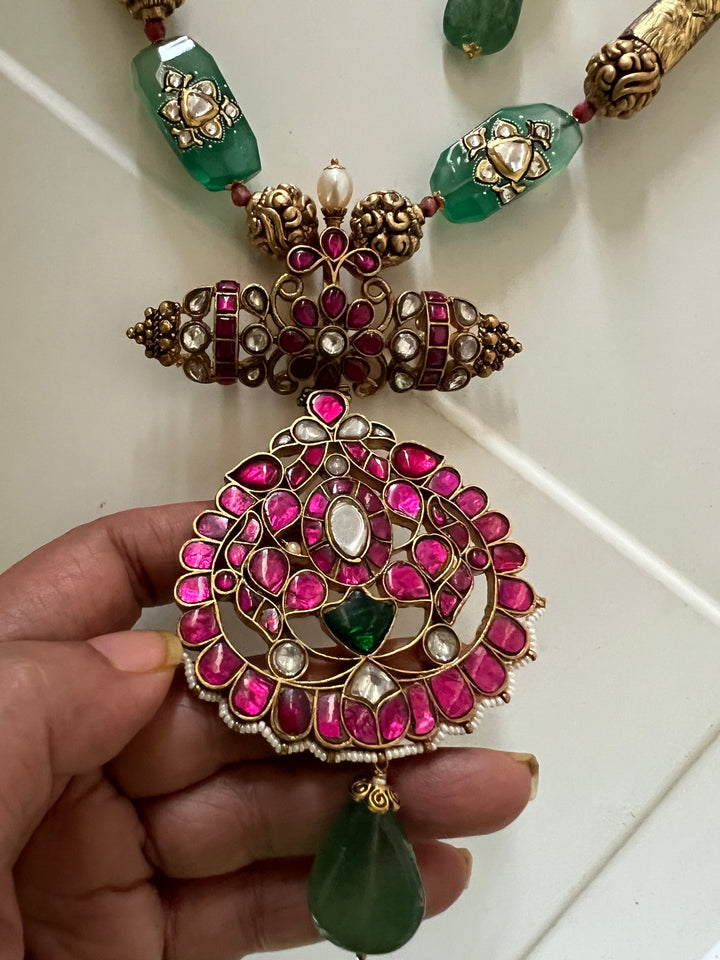 SHIVKA Jadau Antique Fusion Necklace Set | Kundan | Aventurine | Bridal Jewelry