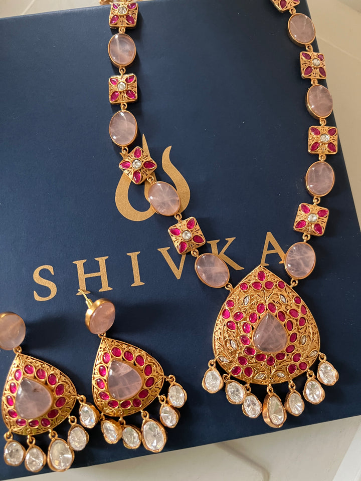 SHIVKA Rose Quartz Necklace Set | Kempu Work | Antique Gold Polish | Bridal Jewelry