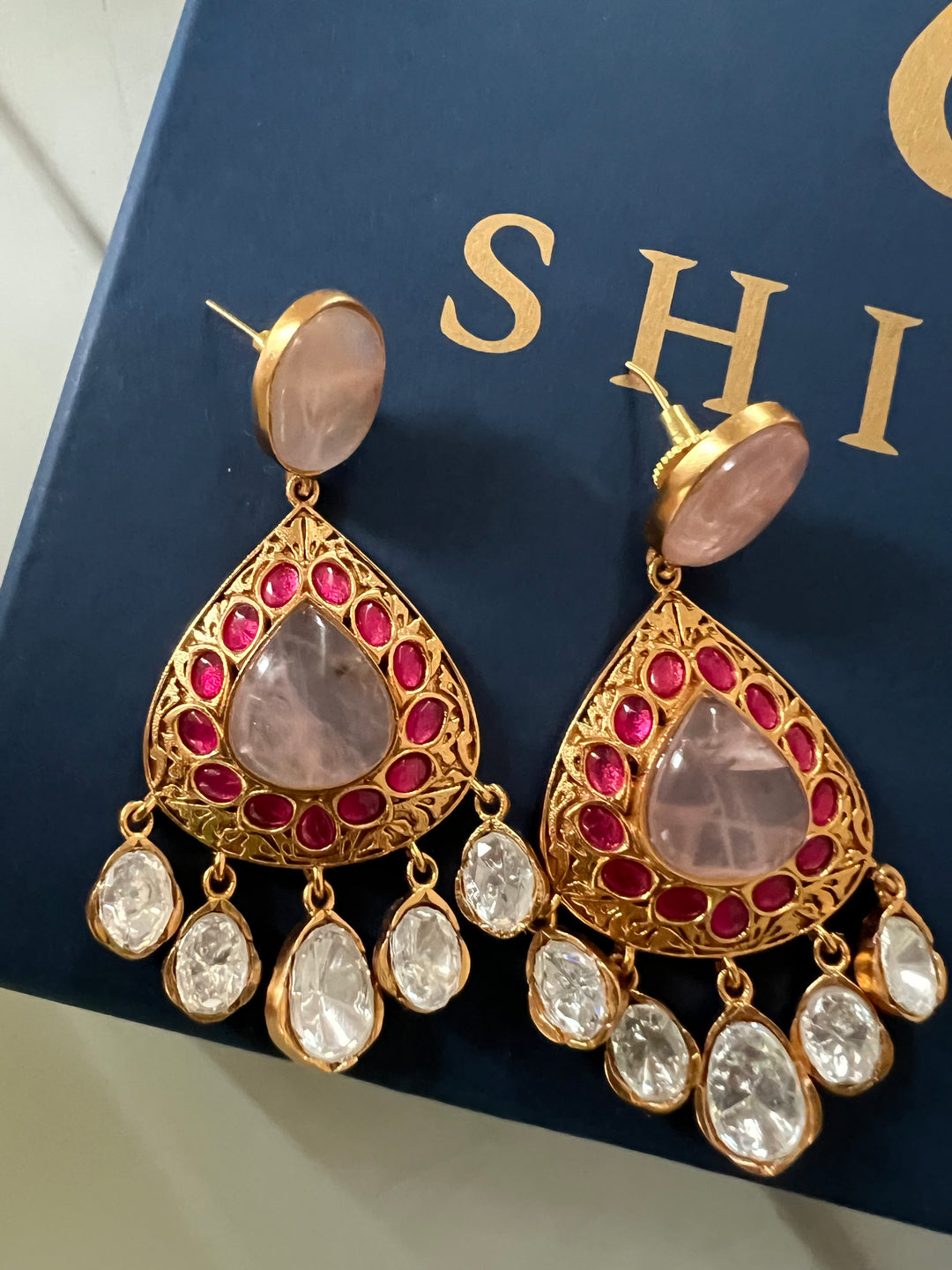 SHIVKA Rose Quartz Necklace Set | Kempu Work | Antique Gold Polish | Bridal Jewelry