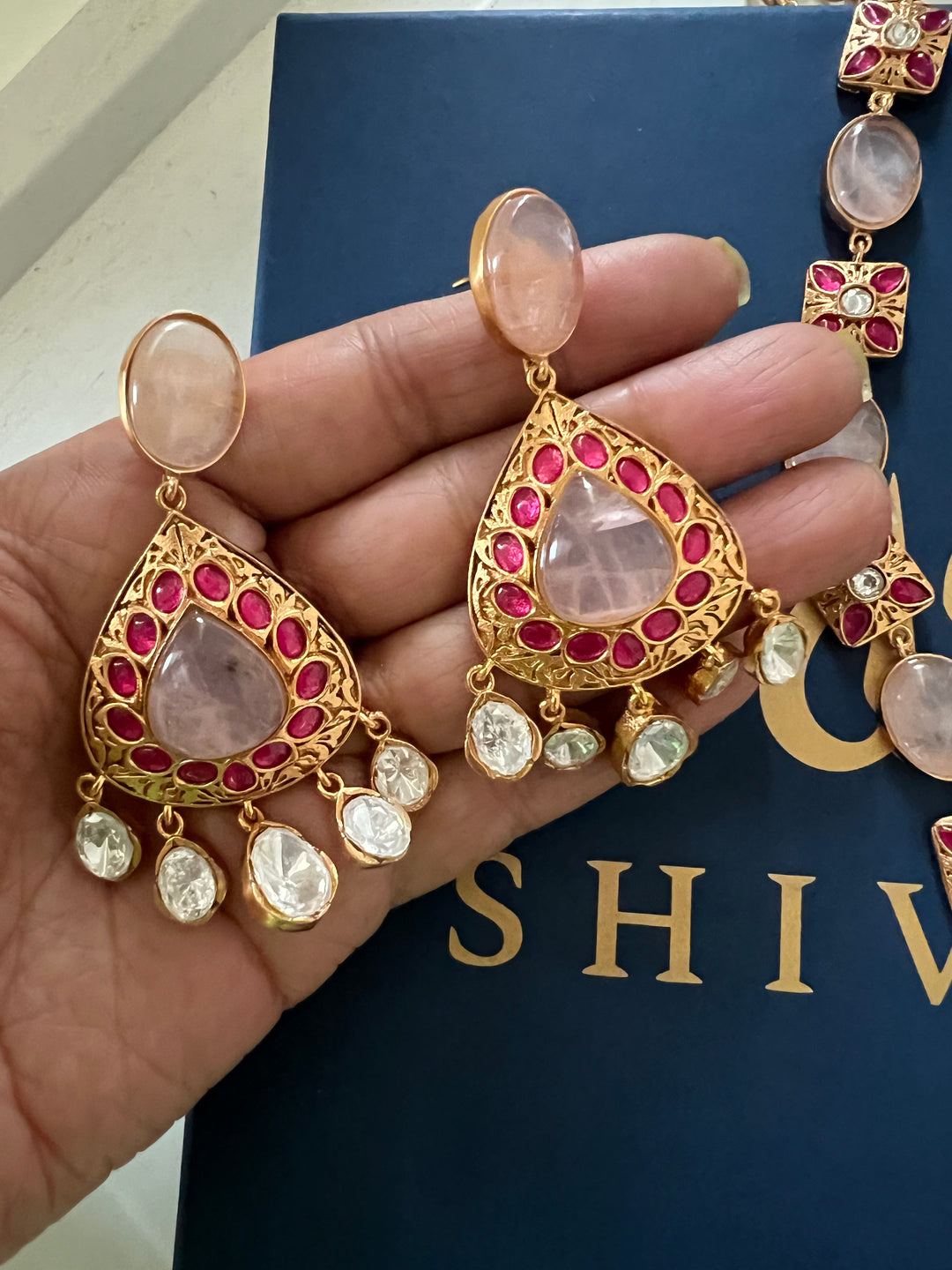 SHIVKA Rose Quartz Necklace Set | Kempu Work | Antique Gold Polish | Bridal Jewelry