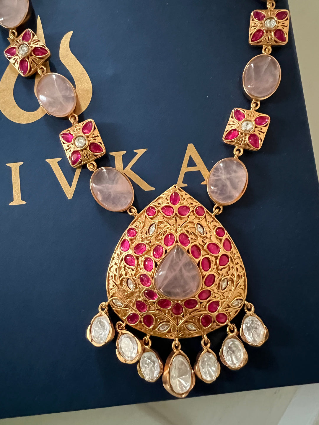 SHIVKA Rose Quartz Necklace Set | Kempu Work | Antique Gold Polish | Bridal Jewelry