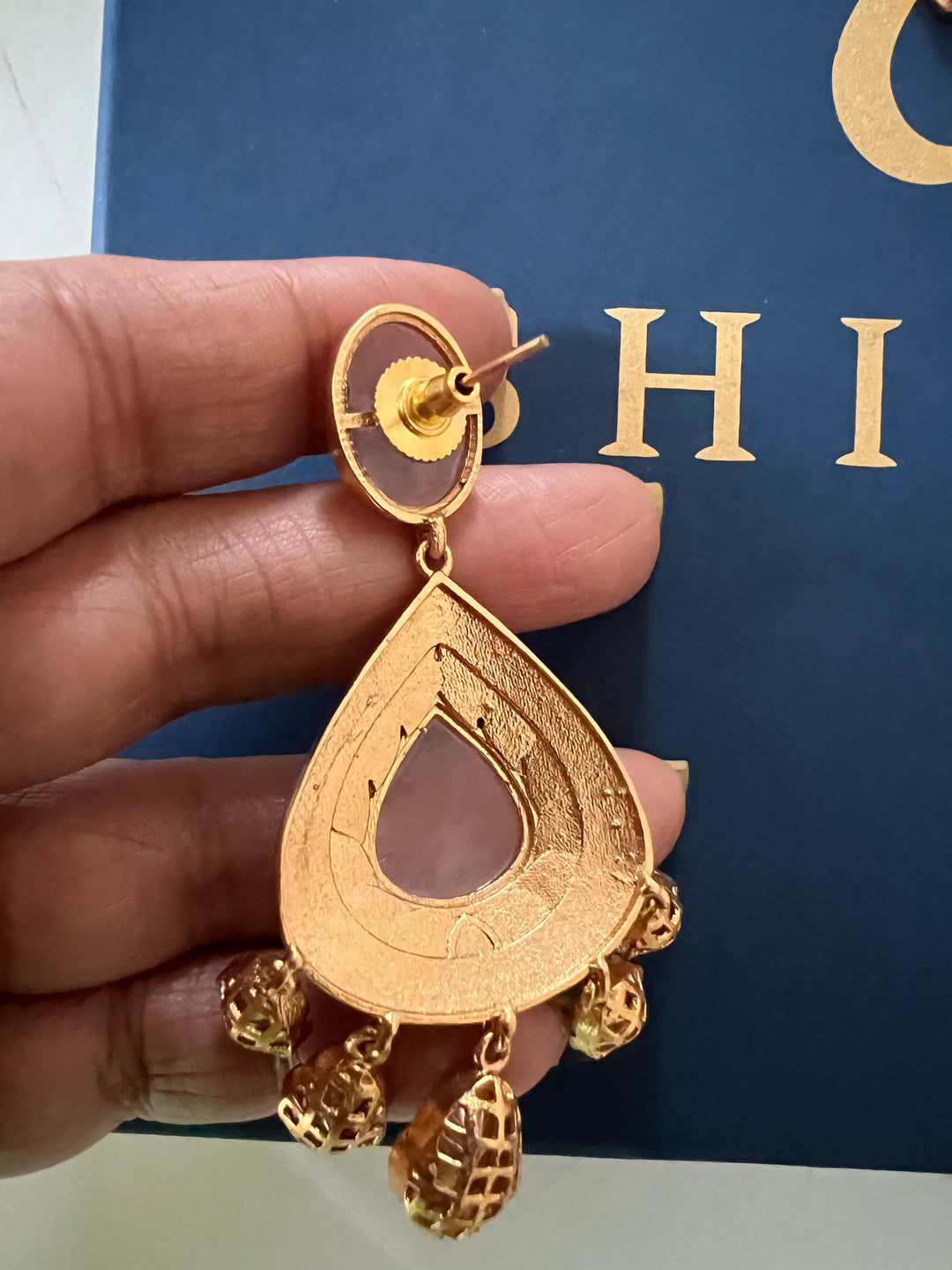 SHIVKA Rose Quartz Necklace Set | Kempu Work | Antique Gold Polish | Bridal Jewelry