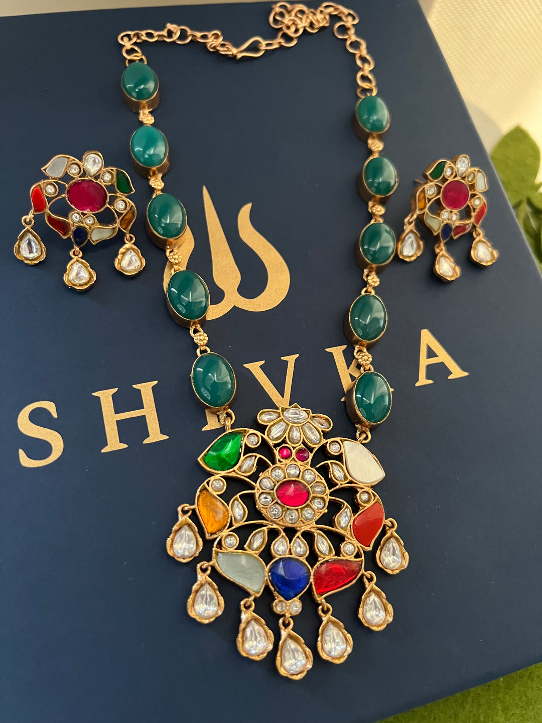SHIVKA Multicolor Gemstone Necklace Set | Kundan | Green Onyx | Bridal Jewelry