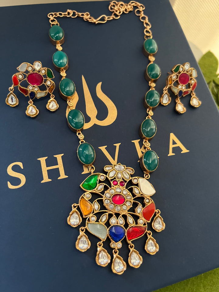 SHIVKA Multicolor Gemstone Necklace Set | Kundan | Green Onyx | Bridal Jewelry