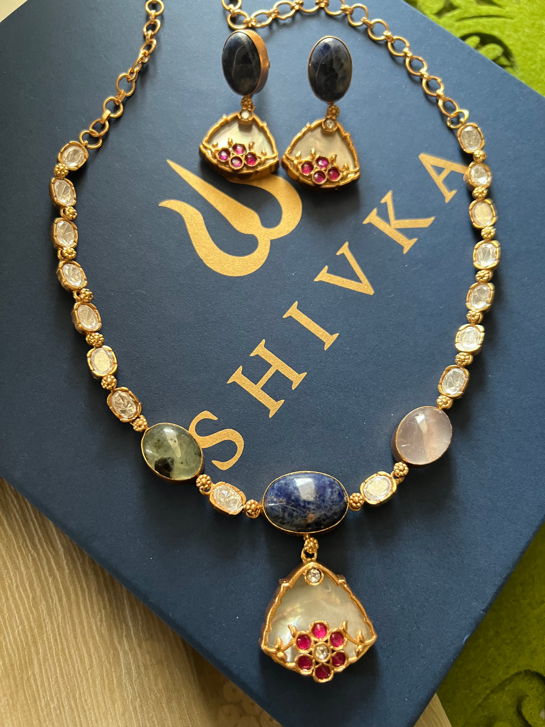 SHIVKA Multicolor Gemstone Short Necklace Set | Rose Quartz | Kundan | Bridal Set