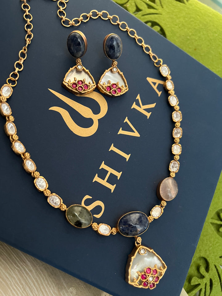 SHIVKA Multicolor Gemstone Short Necklace Set | Rose Quartz | Kundan | Bridal Set