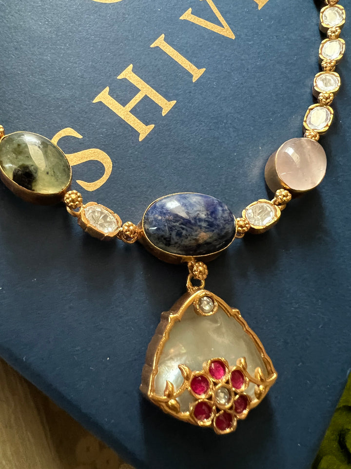 SHIVKA Multicolor Gemstone Short Necklace Set | Rose Quartz | Kundan | Bridal Set