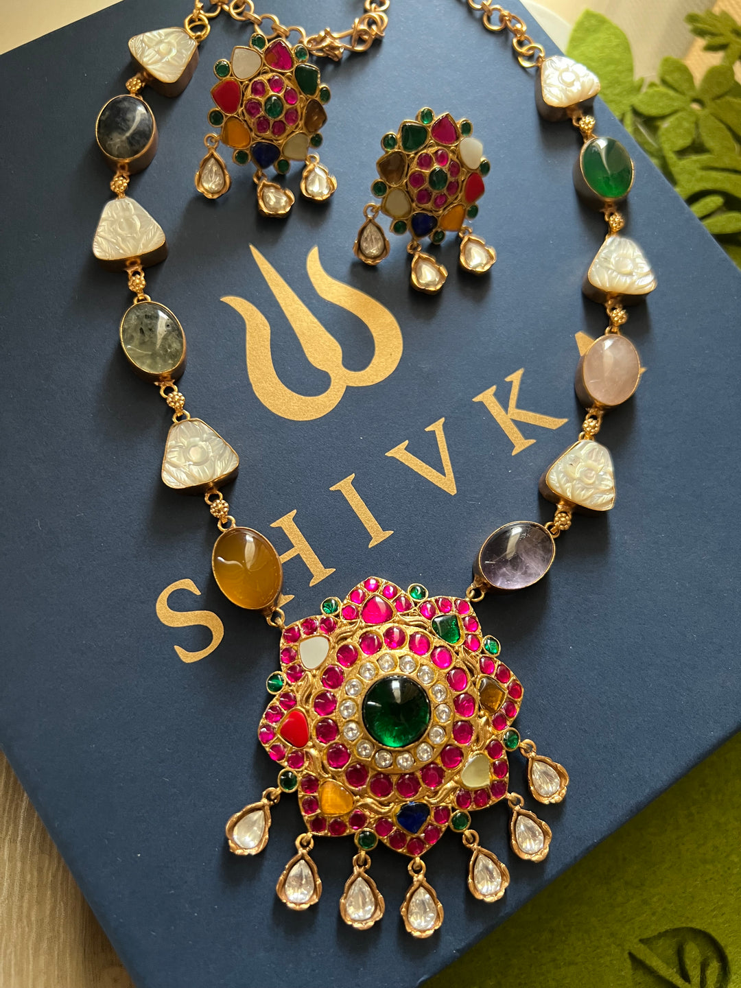 SHIVKA Natural Stone Necklace Set | Rose Quartz & Mother of Pearl | Kempu Work