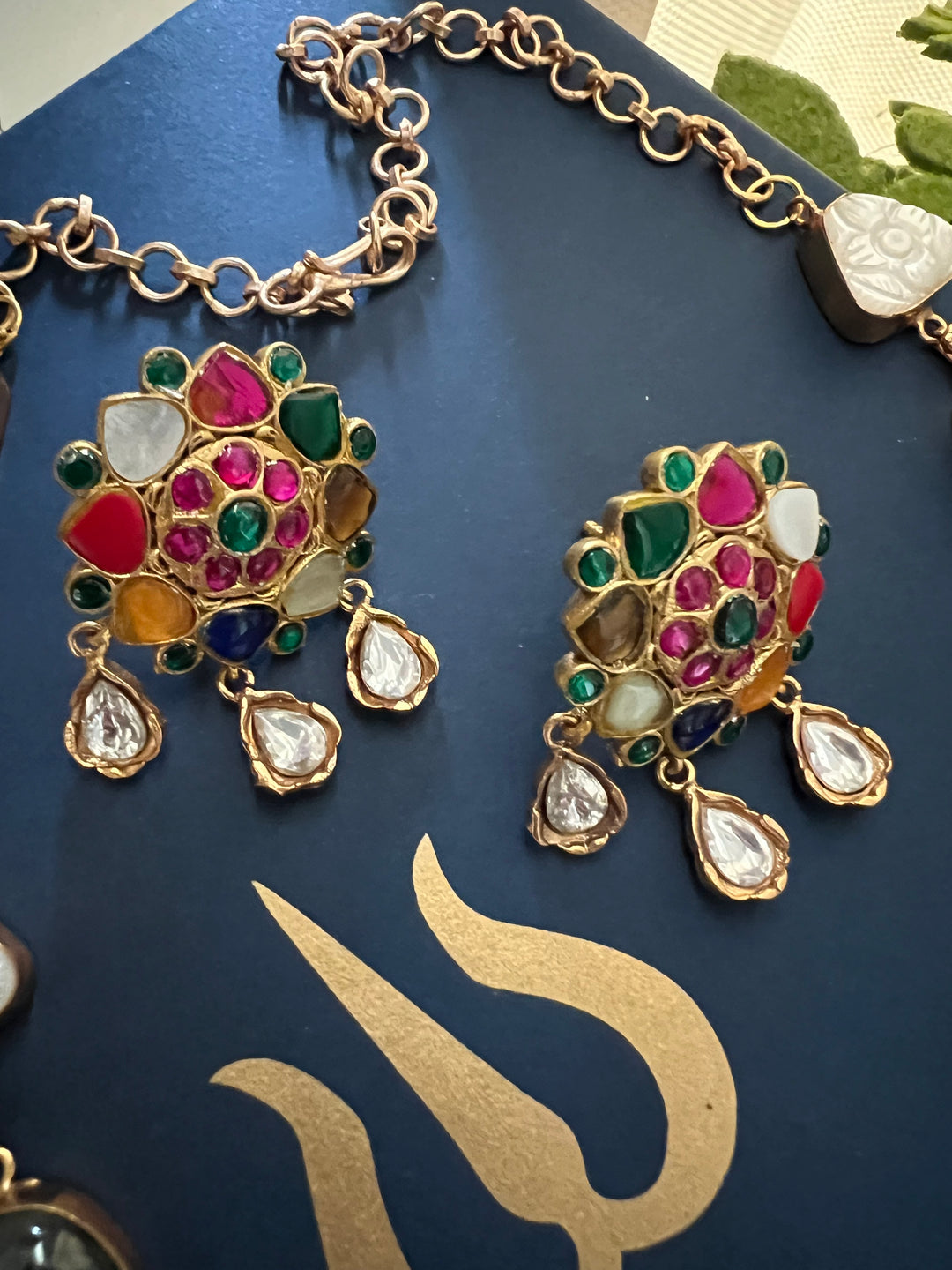 SHIVKA Natural Stone Necklace Set | Rose Quartz & Mother of Pearl | Kempu Work