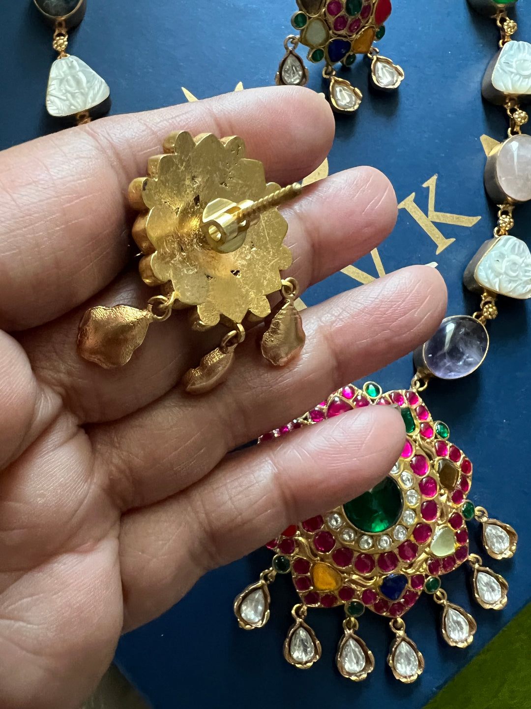 SHIVKA Natural Stone Necklace Set | Rose Quartz & Mother of Pearl | Kempu Work