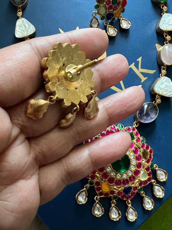 SHIVKA Natural Stone Necklace Set | Rose Quartz & Mother of Pearl | Kempu Work