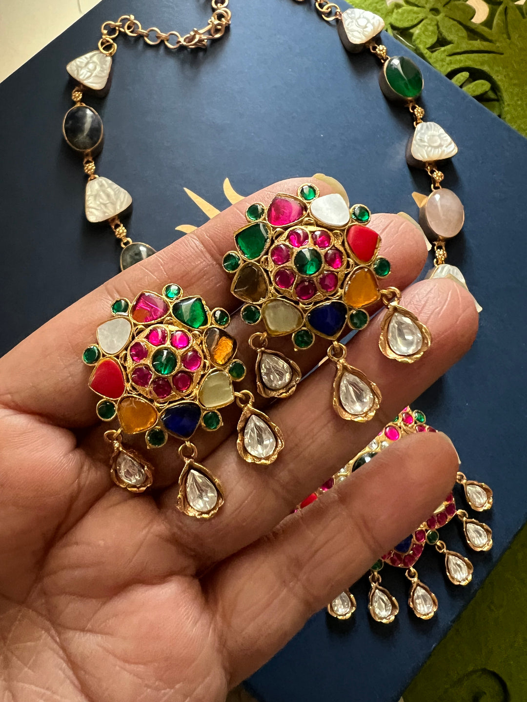 SHIVKA Natural Stone Necklace Set | Rose Quartz & Mother of Pearl | Kempu Work