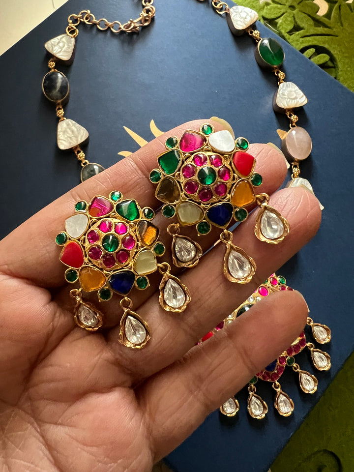 SHIVKA Natural Stone Necklace Set | Rose Quartz & Mother of Pearl | Kempu Work