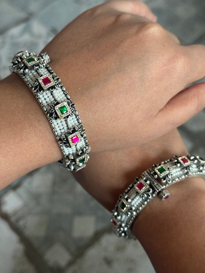 SHIVKA SAANJ 925 Silver Fusion Bangles | Set of 2 | CZ Stones | Artisan Crafted | 94g