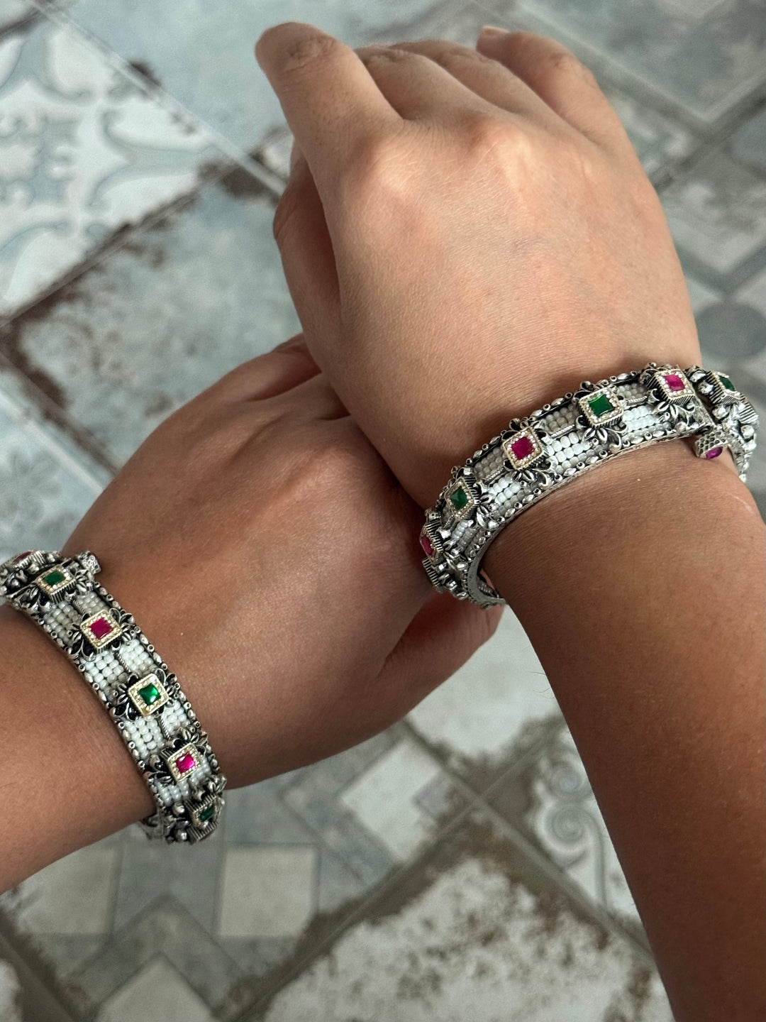 SHIVKA SAANJ 925 Silver Fusion Bangles | Set of 2 | CZ Stones | Artisan Crafted | 94g