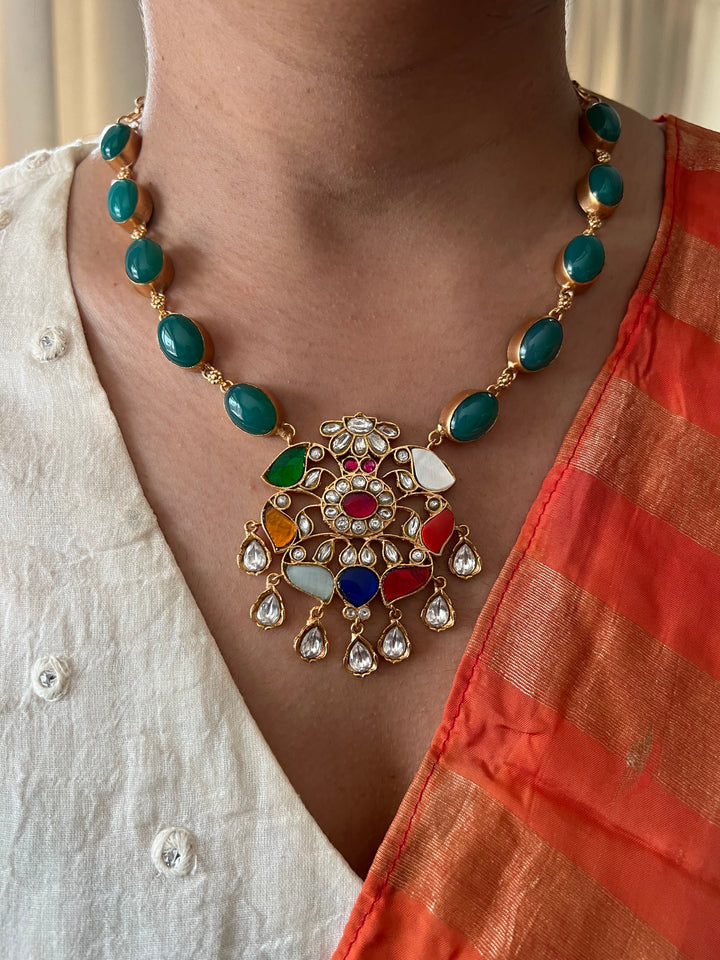 SHIVKA Multicolor Gemstone Necklace Set | Kundan | Green Onyx | Bridal Jewelry