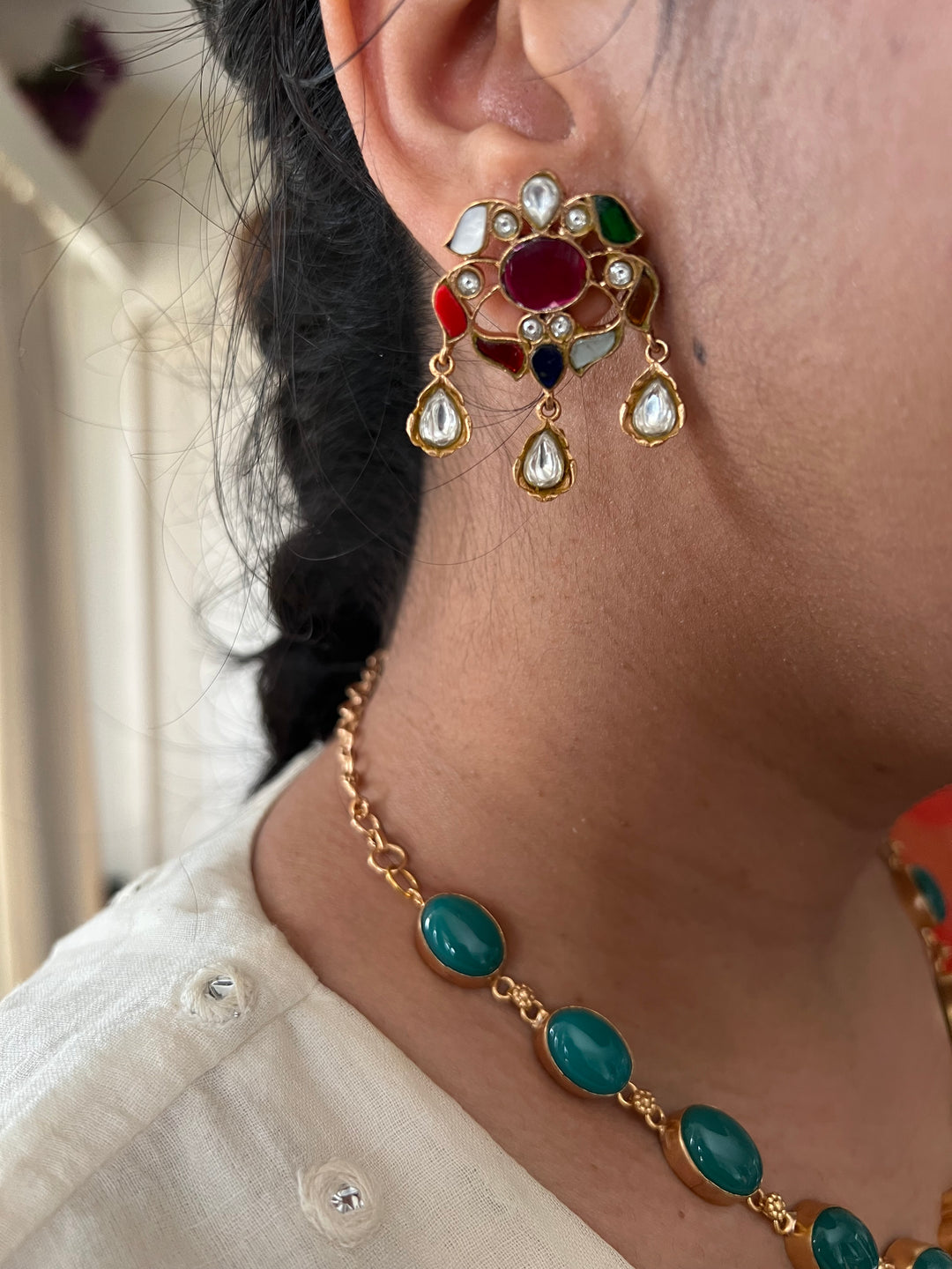 SHIVKA Multicolor Gemstone Necklace Set | Kundan | Green Onyx | Bridal Jewelry