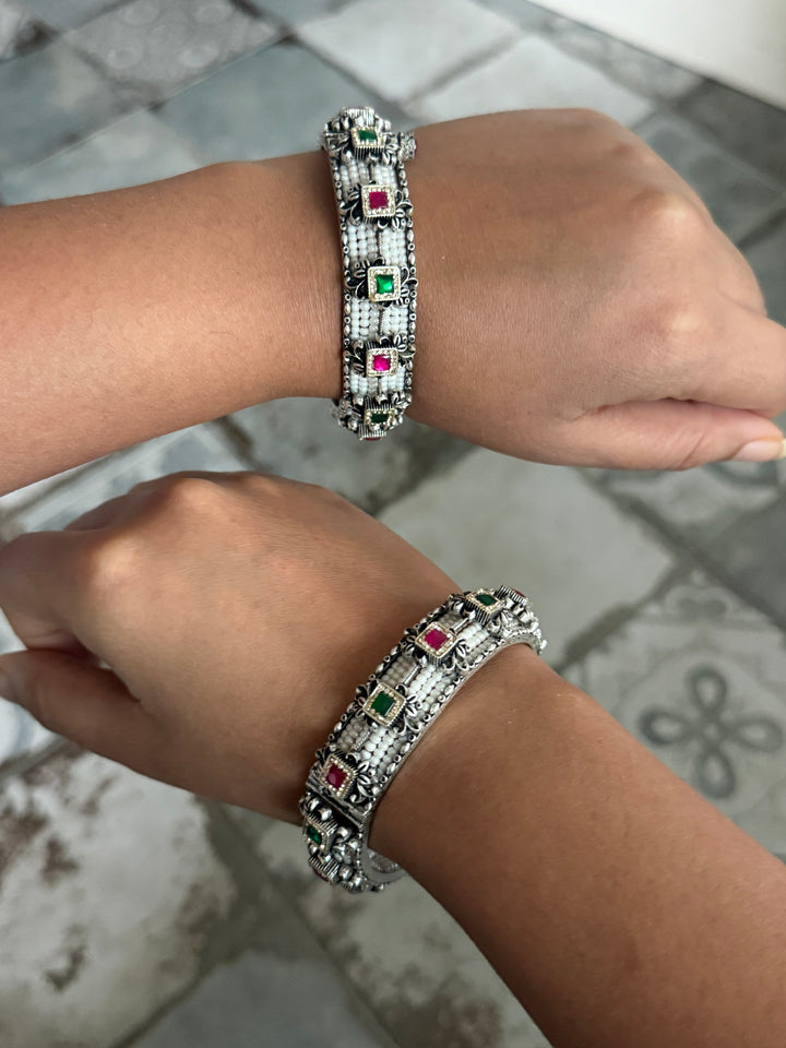 SHIVKA SAANJ 925 Silver Fusion Bangles | Set of 2 | CZ Stones | Artisan Crafted | 94g