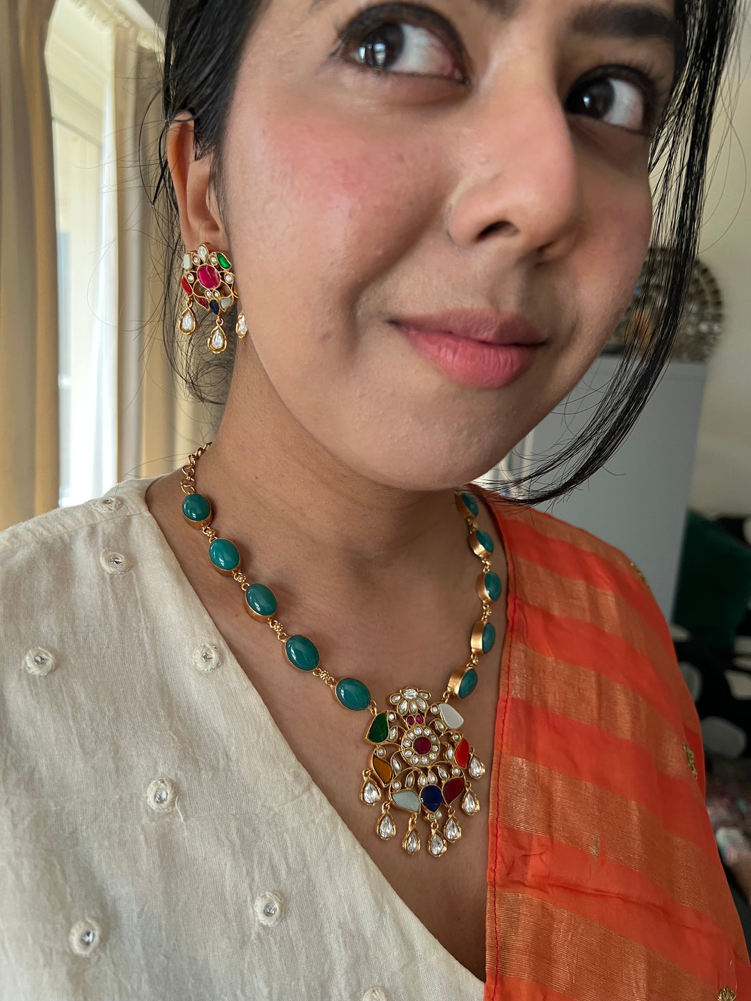 SHIVKA Multicolor Gemstone Necklace Set | Kundan | Green Onyx | Bridal Jewelry
