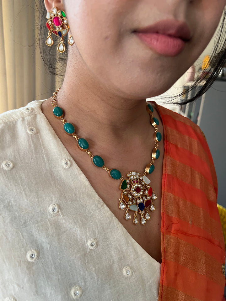 SHIVKA Multicolor Gemstone Necklace Set | Kundan | Green Onyx | Bridal Jewelry