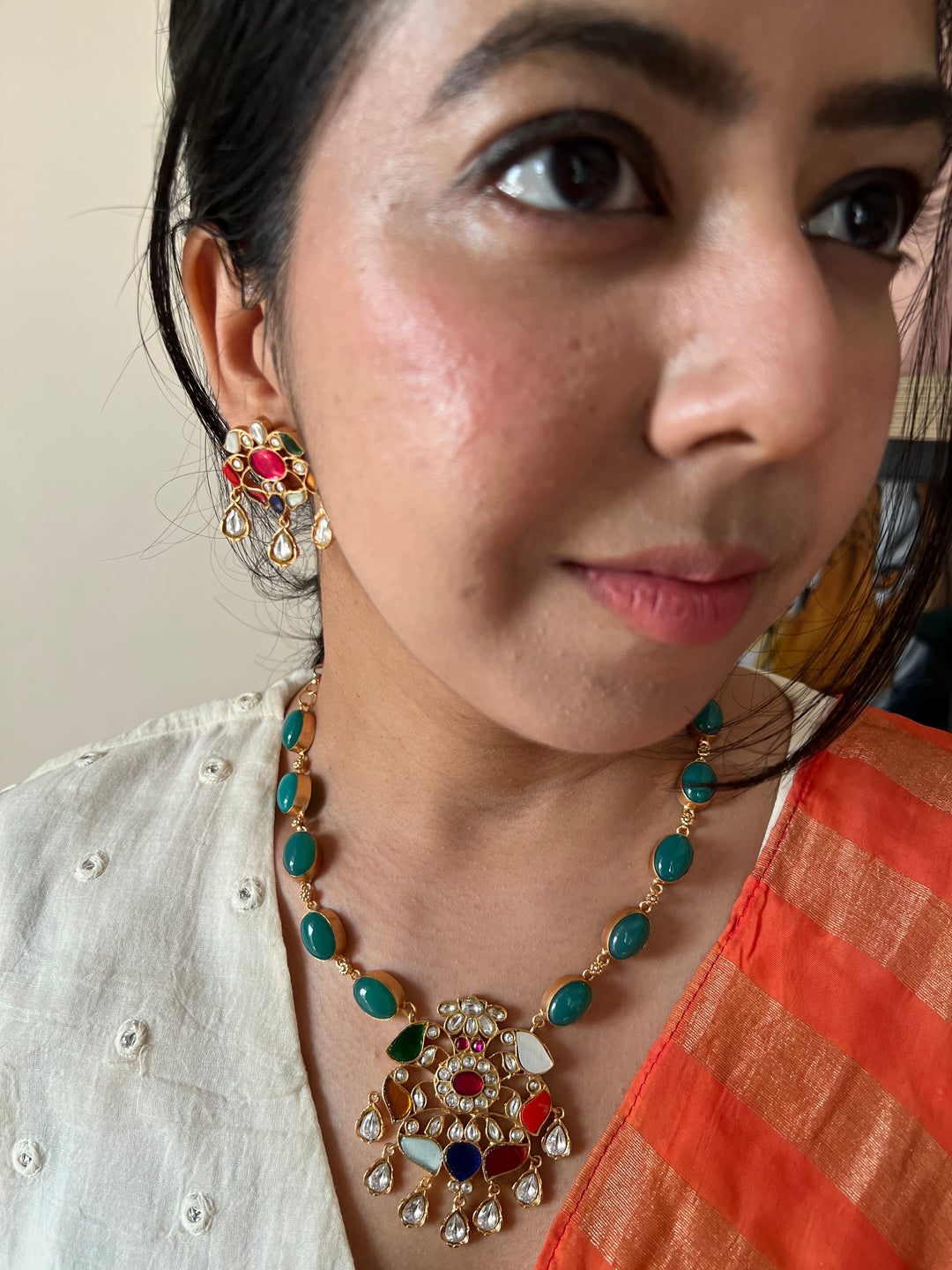 SHIVKA Multicolor Gemstone Necklace Set | Kundan | Green Onyx | Bridal Jewelry