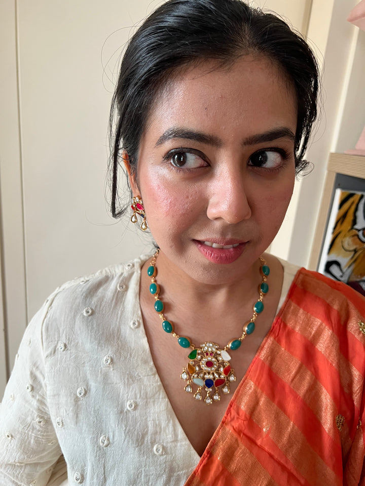 SHIVKA Multicolor Gemstone Necklace Set | Kundan | Green Onyx | Bridal Jewelry