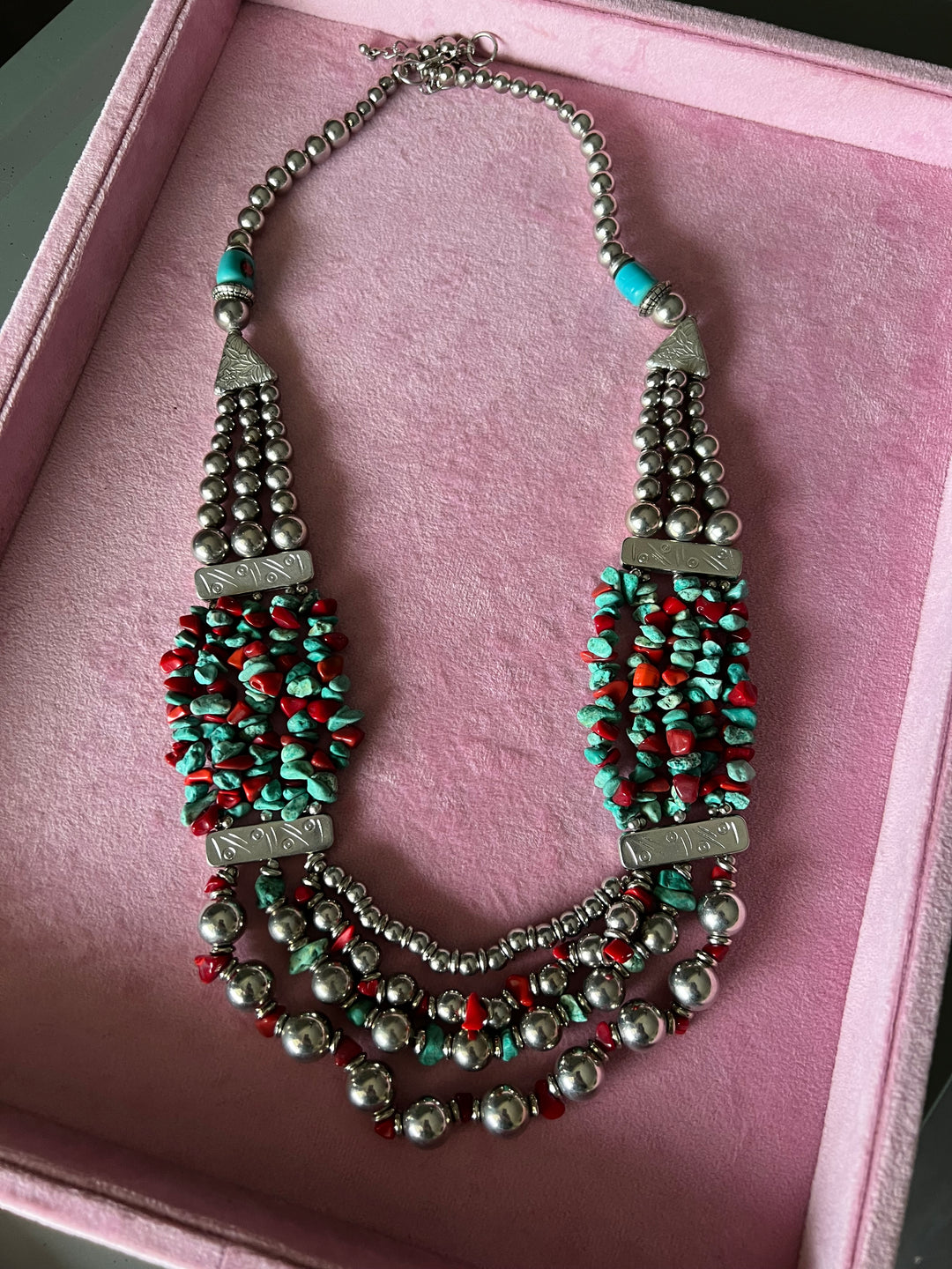 Boho Chic Coral and Turquoise Brass Necklace