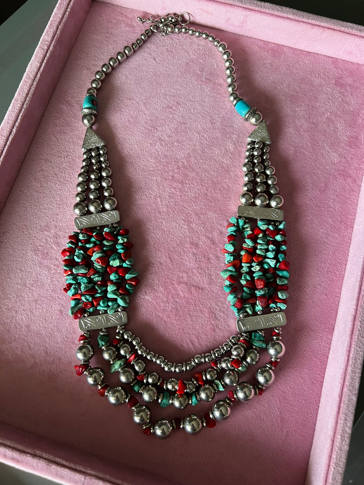 Boho Chic Coral and Turquoise Brass Necklace