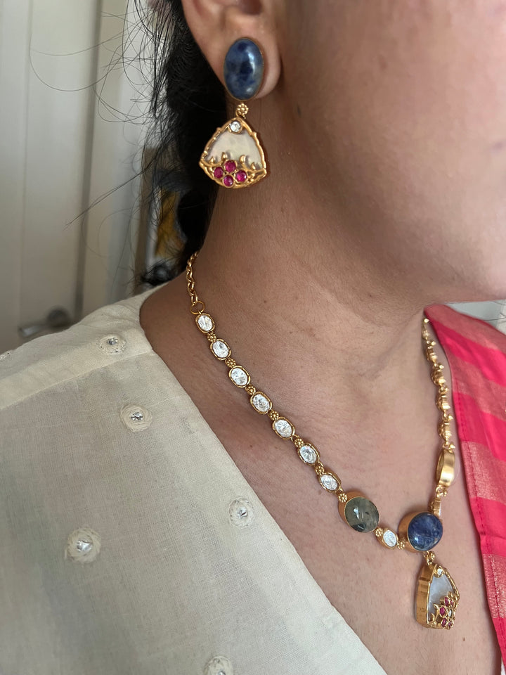 SHIVKA Multicolor Gemstone Short Necklace Set | Rose Quartz | Kundan | Bridal Set