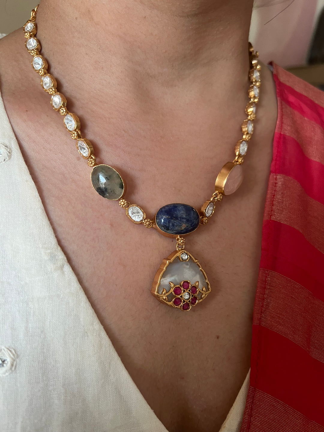 SHIVKA Multicolor Gemstone Short Necklace Set | Rose Quartz | Kundan | Bridal Set