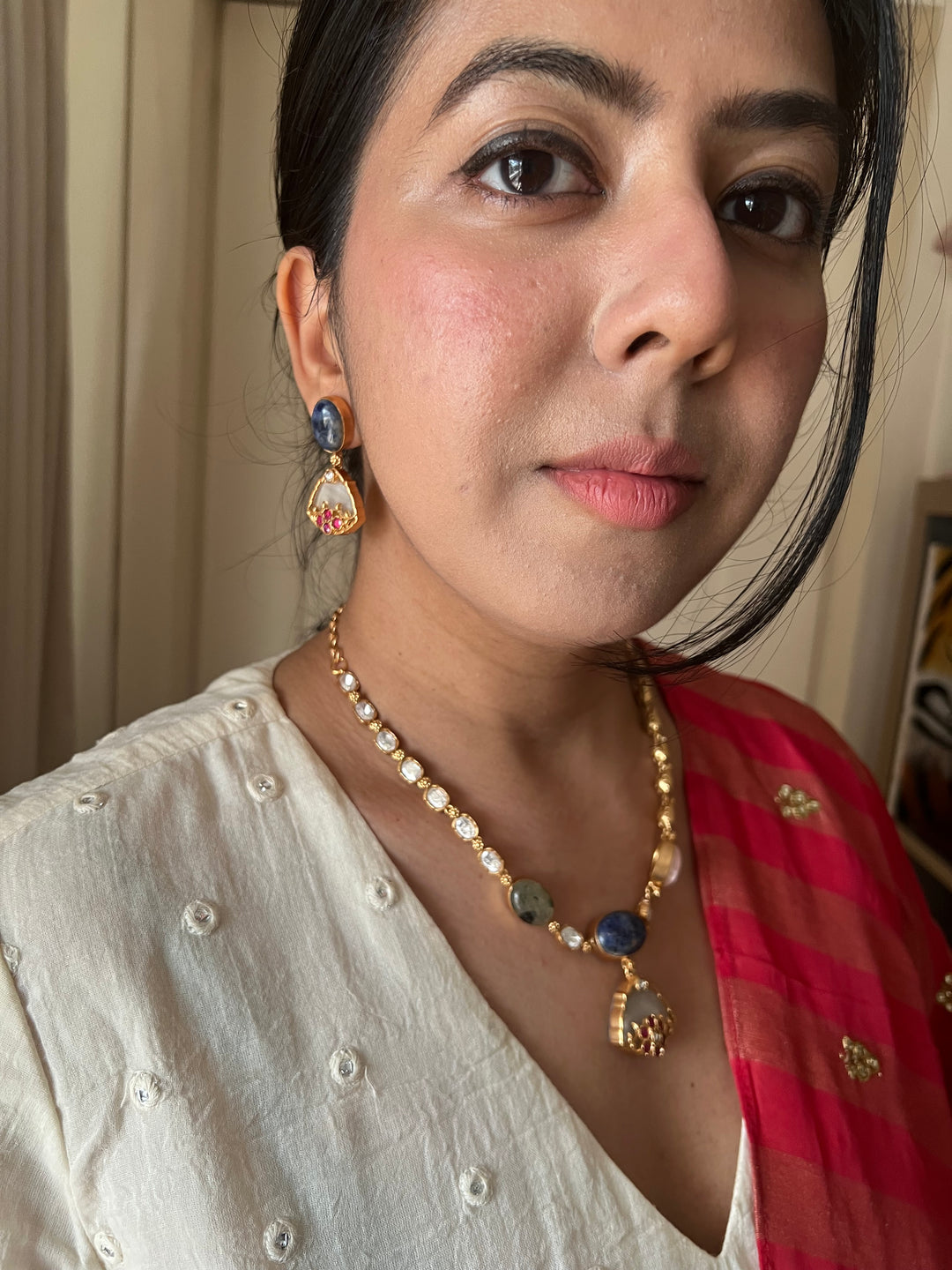 SHIVKA Multicolor Gemstone Short Necklace Set | Rose Quartz | Kundan | Bridal Set