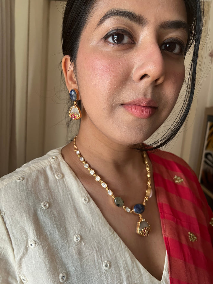 SHIVKA Multicolor Gemstone Short Necklace Set | Rose Quartz | Kundan | Bridal Set