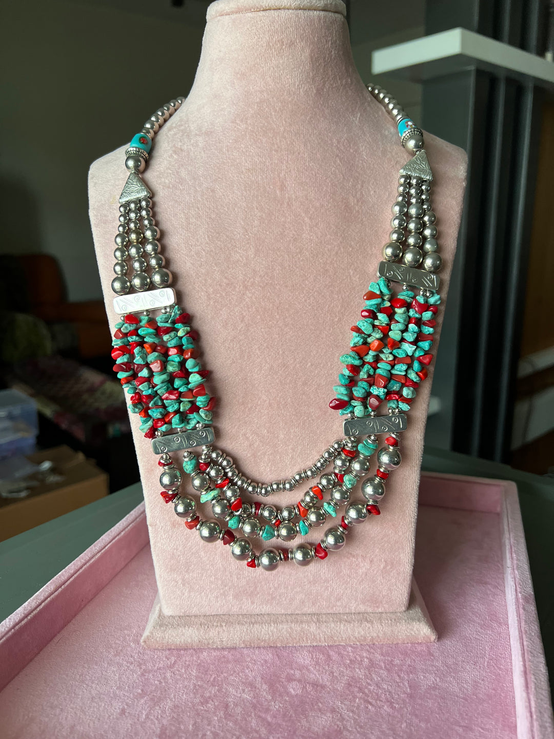 Boho Chic Coral and Turquoise Brass Necklace