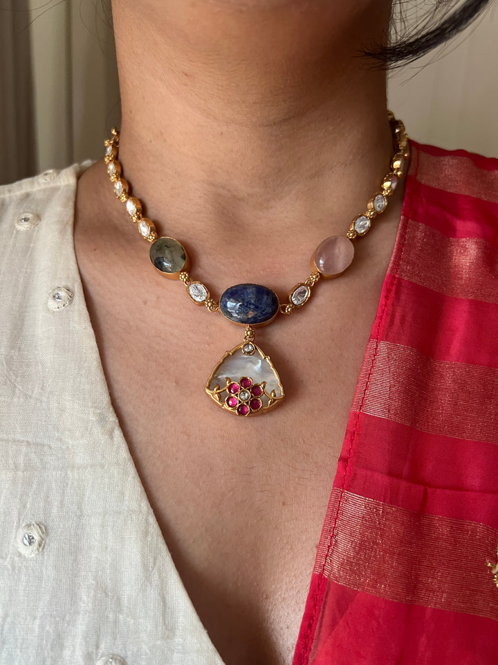 SHIVKA Multicolor Gemstone Short Necklace Set | Rose Quartz | Kundan | Bridal Set