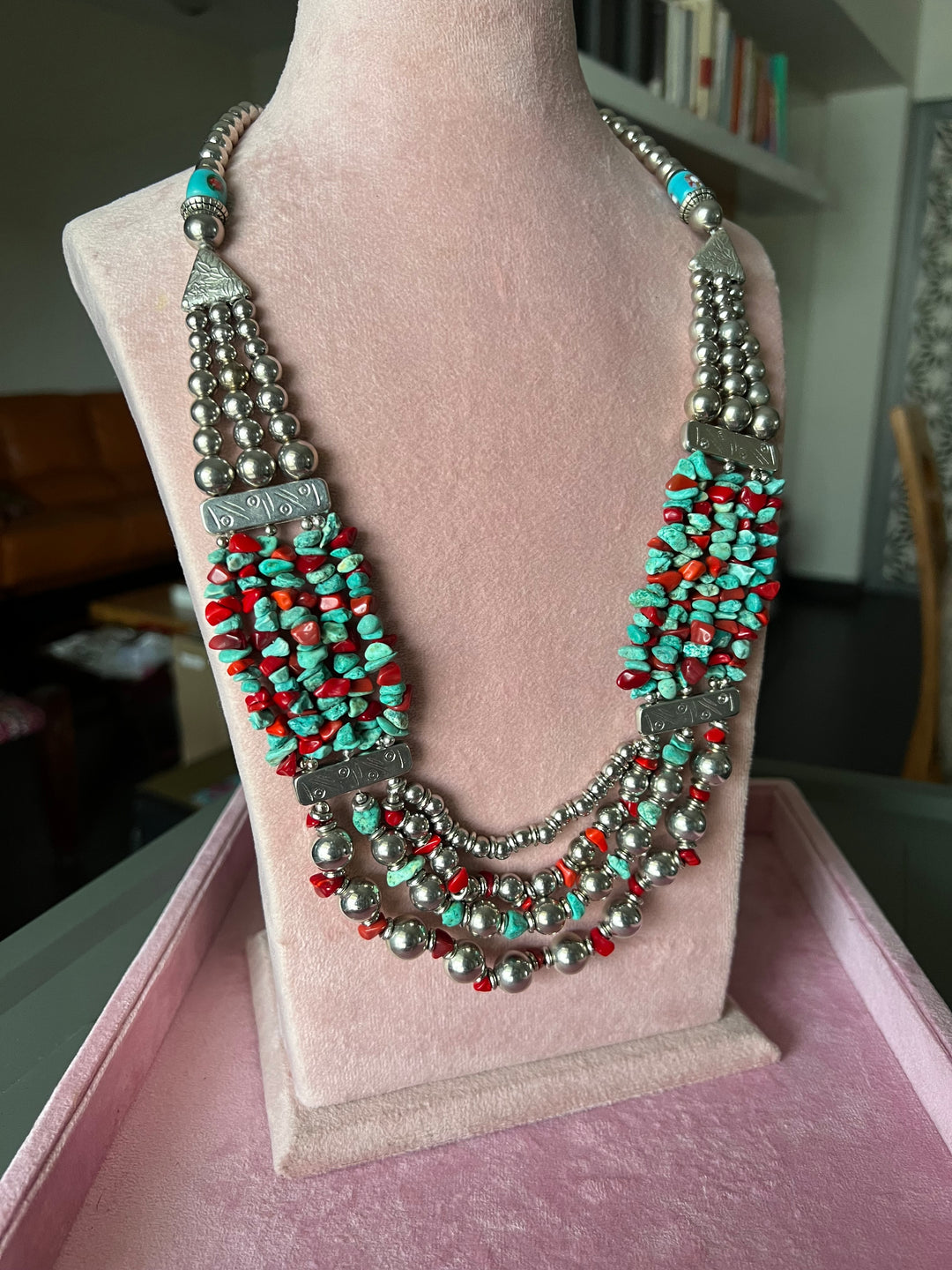 Boho Chic Coral and Turquoise Brass Necklace