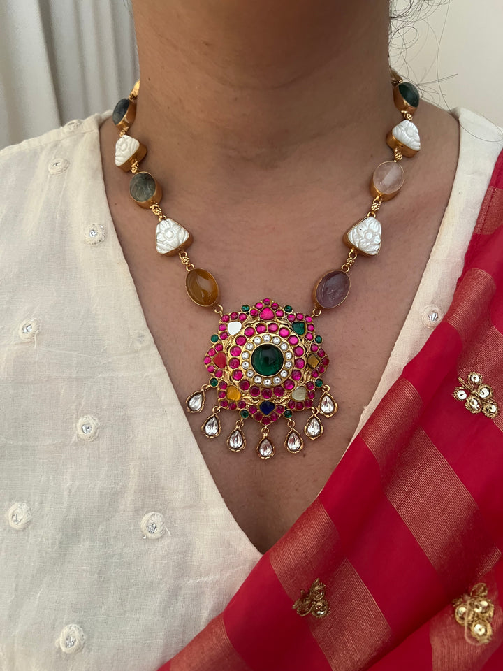 SHIVKA Natural Stone Necklace Set | Rose Quartz & Mother of Pearl | Kempu Work