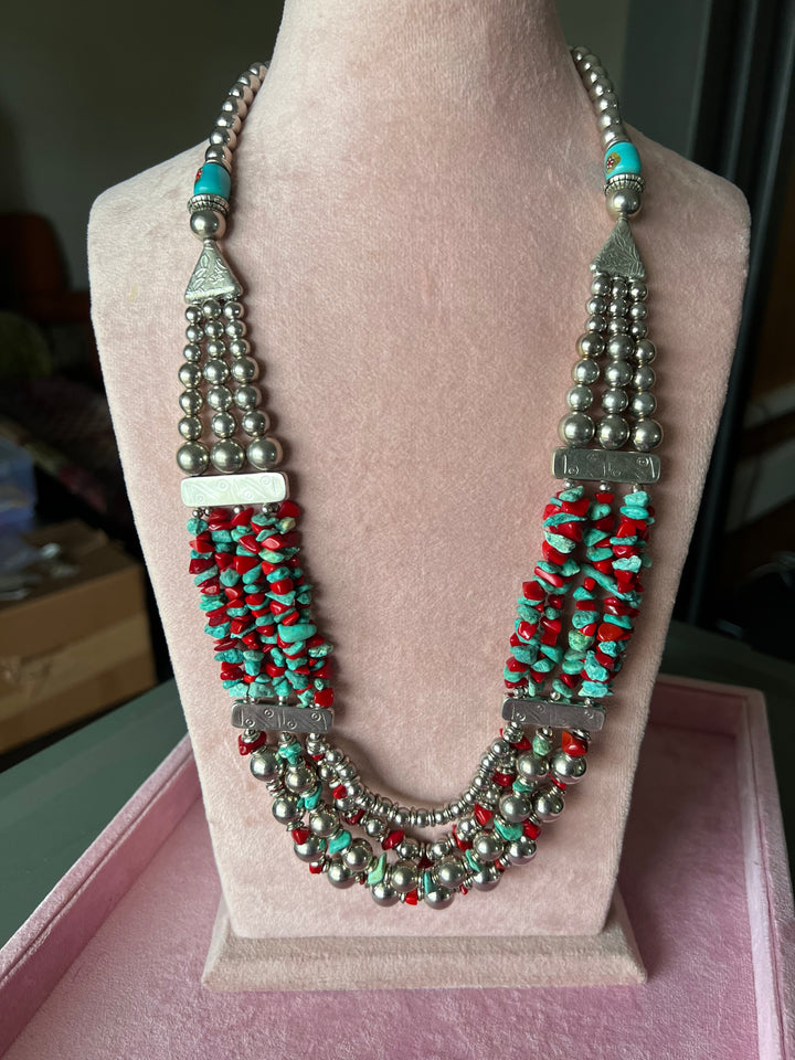 Boho Chic Coral and Turquoise Brass Necklace