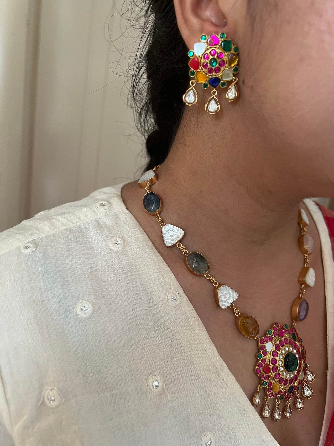 SHIVKA Natural Stone Necklace Set | Rose Quartz & Mother of Pearl | Kempu Work