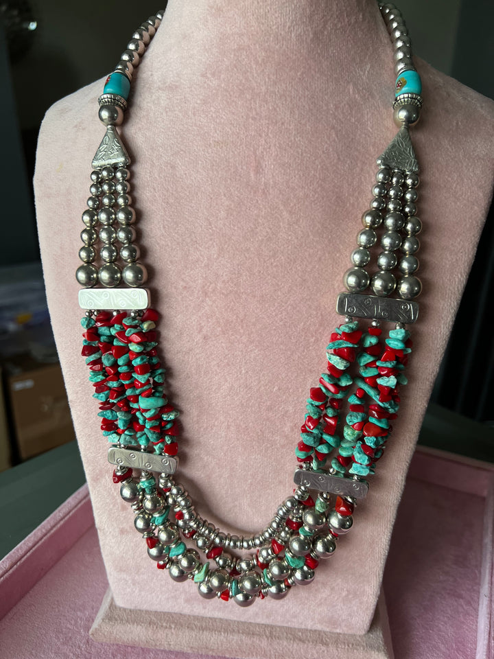 Boho Chic Coral and Turquoise Brass Necklace