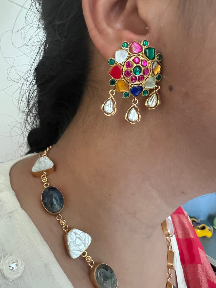 SHIVKA Natural Stone Necklace Set | Rose Quartz & Mother of Pearl | Kempu Work