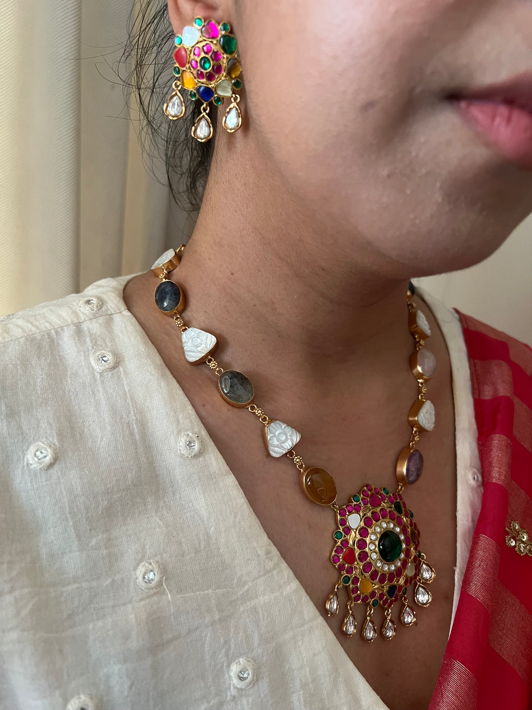 SHIVKA Natural Stone Necklace Set | Rose Quartz & Mother of Pearl | Kempu Work