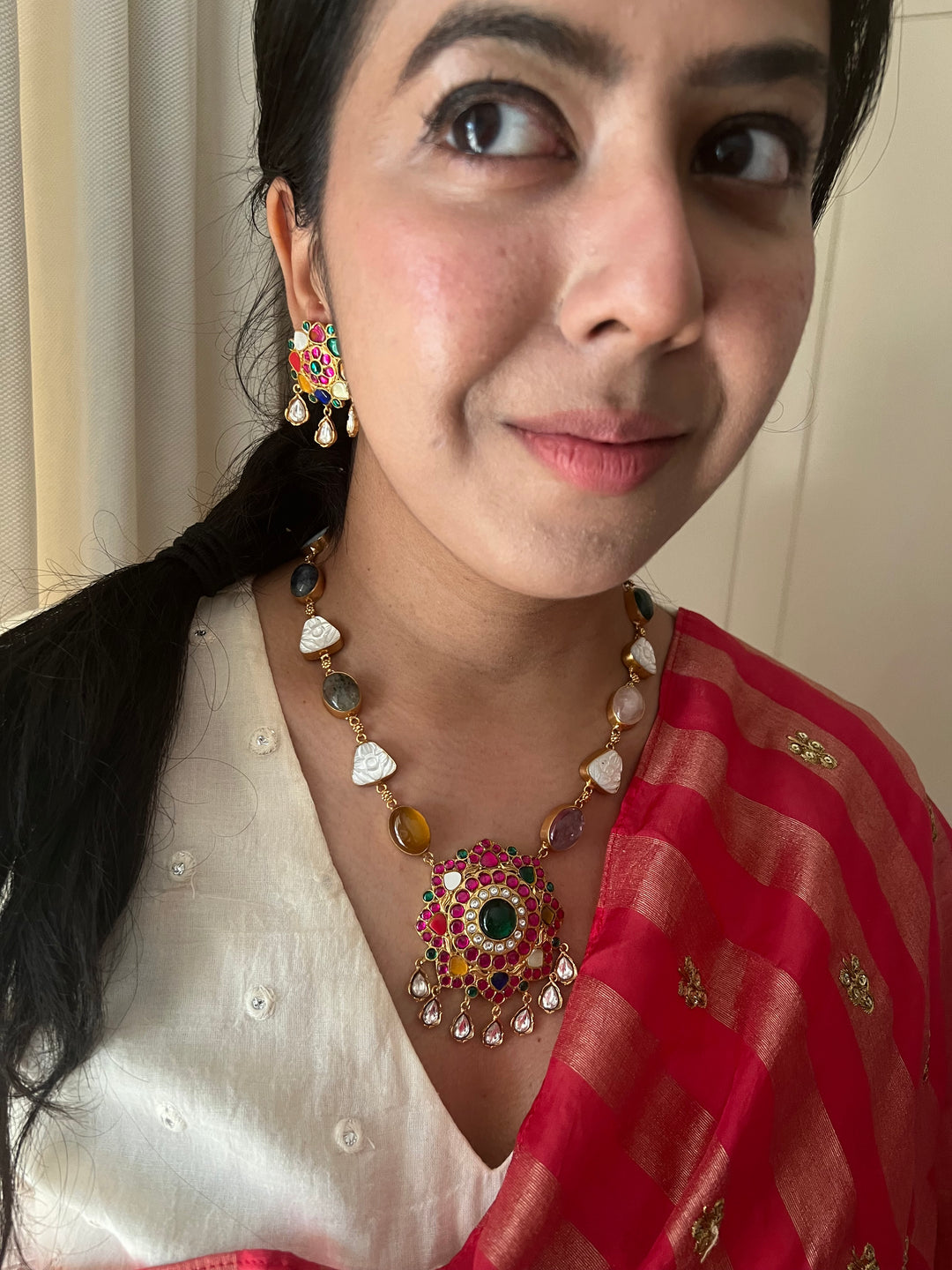 SHIVKA Natural Stone Necklace Set | Rose Quartz & Mother of Pearl | Kempu Work