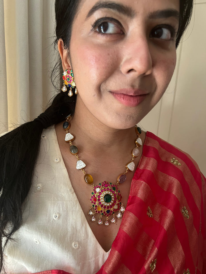 SHIVKA Natural Stone Necklace Set | Rose Quartz & Mother of Pearl | Kempu Work