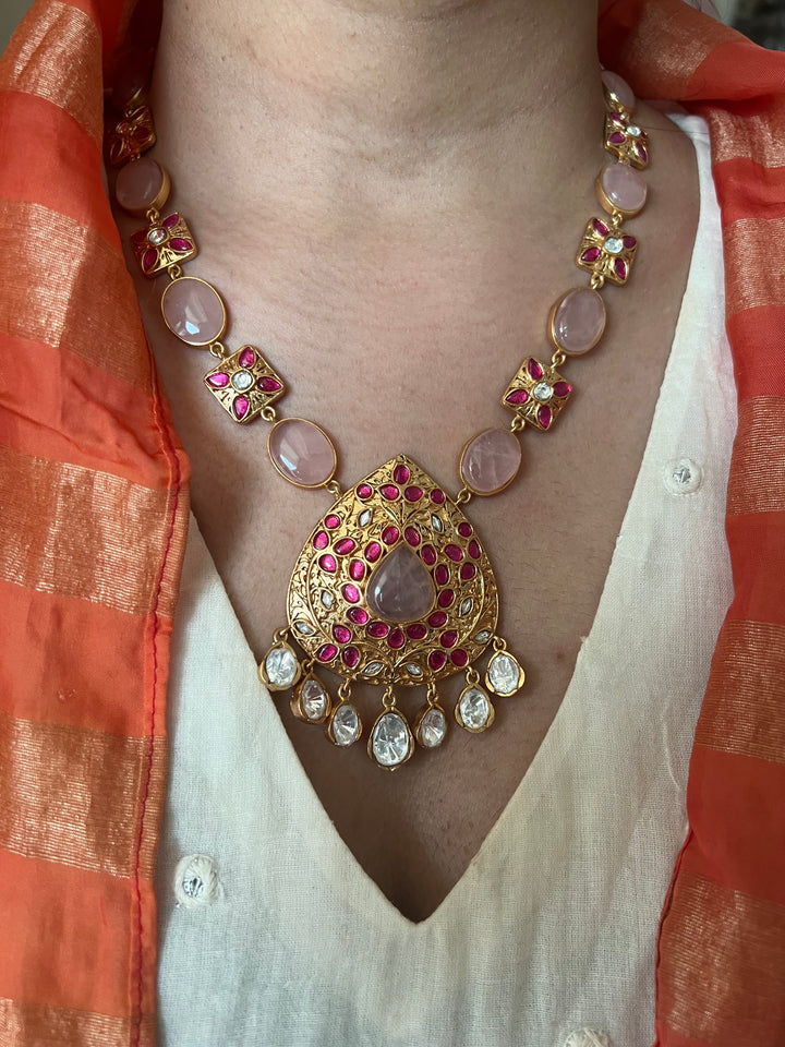 SHIVKA Rose Quartz Necklace Set | Kempu Work | Antique Gold Polish | Bridal Jewelry
