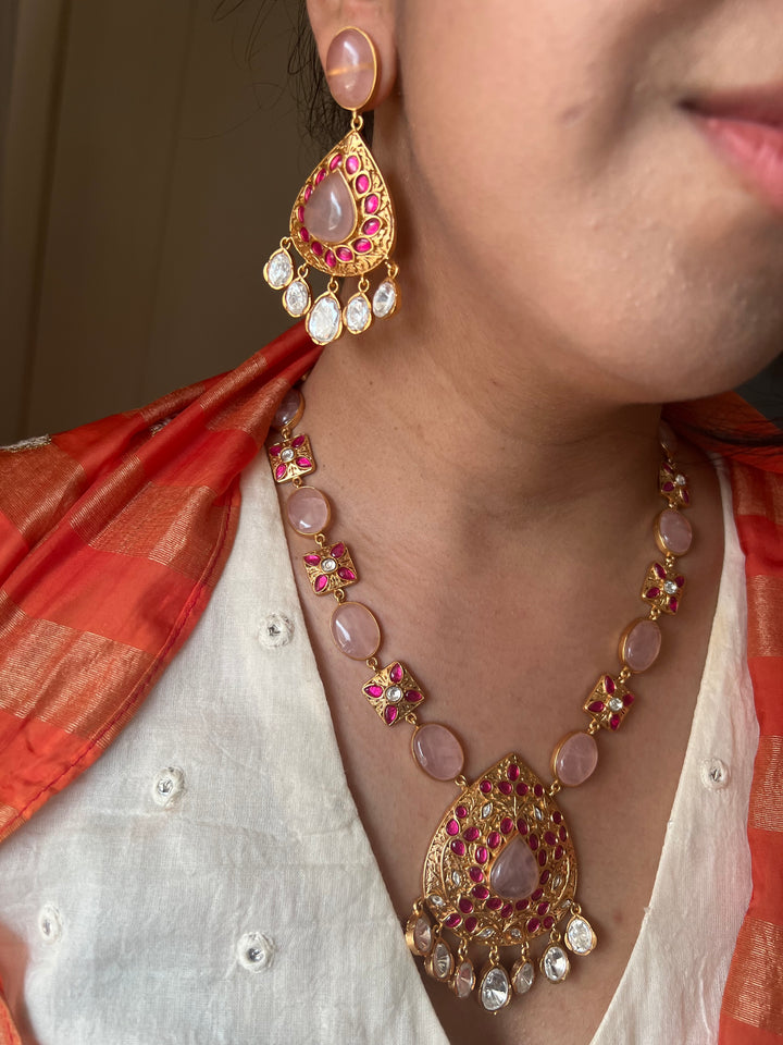 SHIVKA Rose Quartz Necklace Set | Kempu Work | Antique Gold Polish | Bridal Jewelry