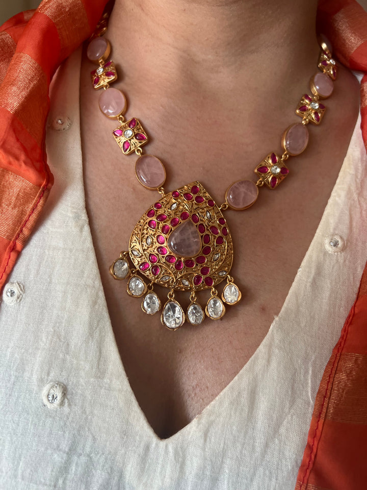 SHIVKA Rose Quartz Necklace Set | Kempu Work | Antique Gold Polish | Bridal Jewelry