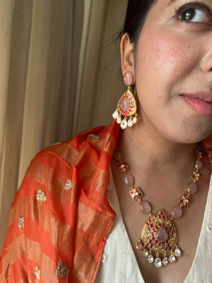 SHIVKA Rose Quartz Necklace Set | Kempu Work | Antique Gold Polish | Bridal Jewelry