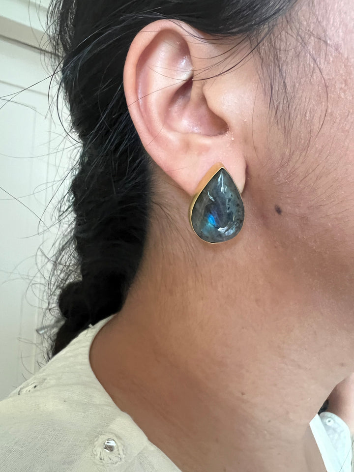 SHIVKA Labradorite Gold Studs | Natural Stone Earrings | Evening Glam
