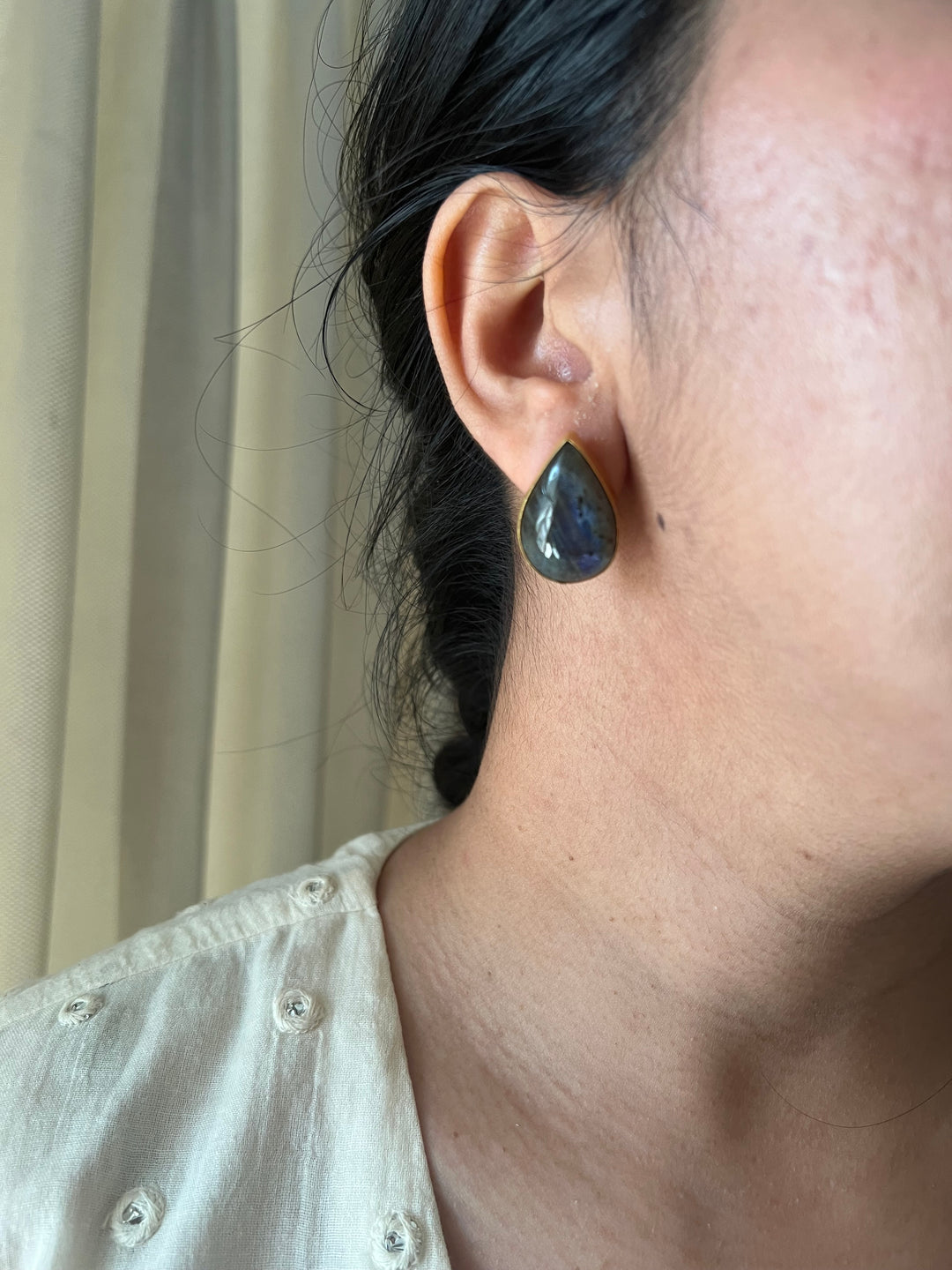 SHIVKA Labradorite Gold Studs | Natural Stone Earrings | Evening Glam